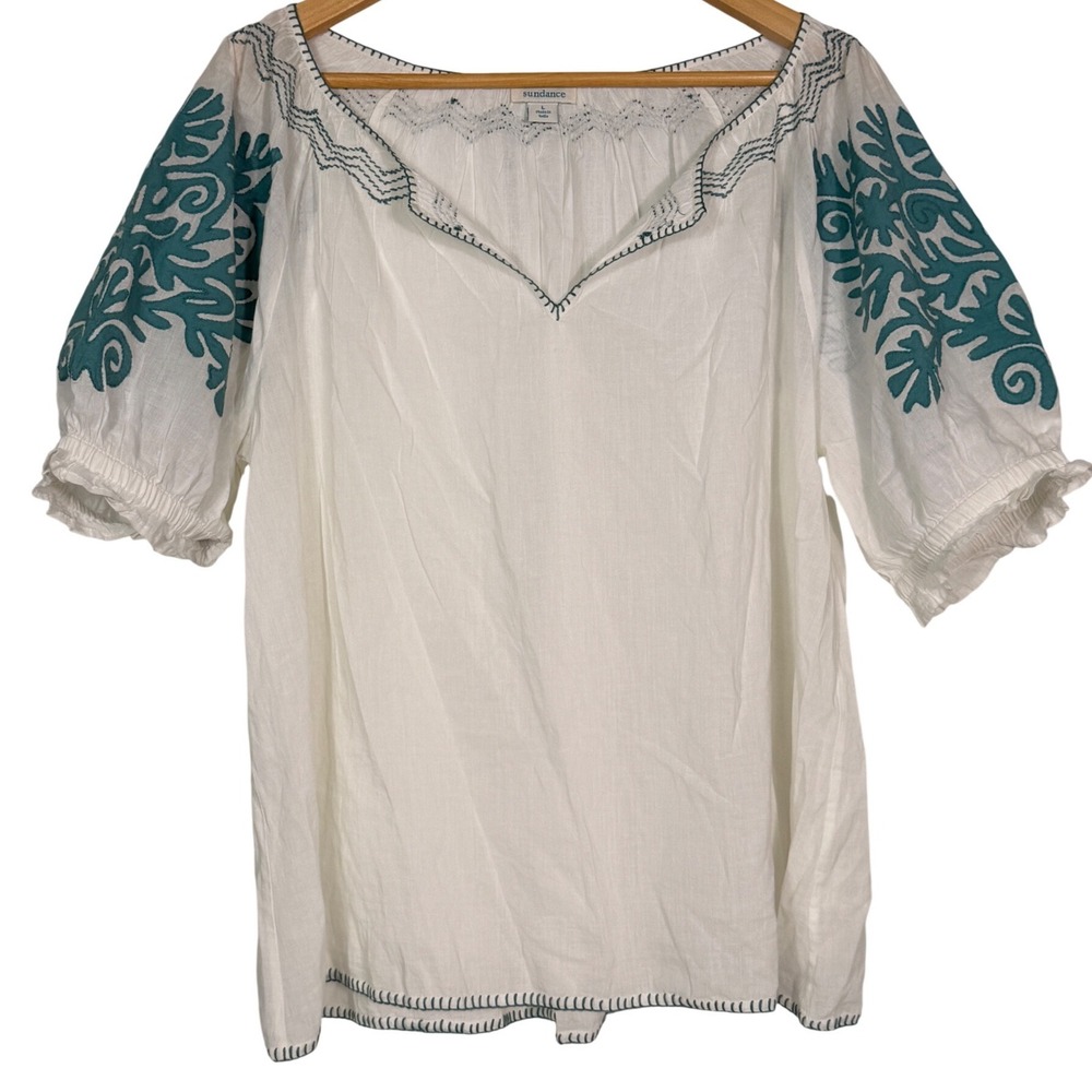 Sundance White Cotton Embroidered Peasant Blouse Teal V-Neck Top Large
